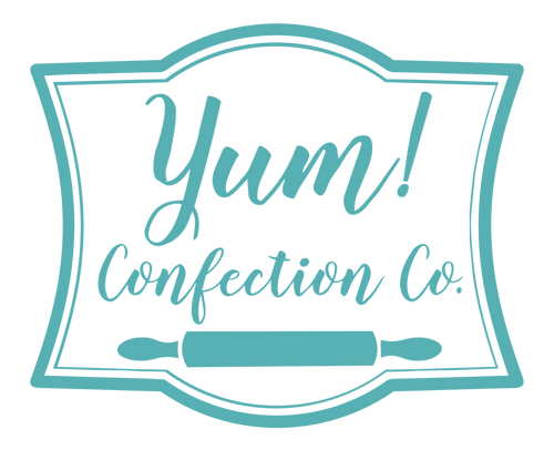Logo of Yum! Confection Co. with a rolling pin icon on a white background